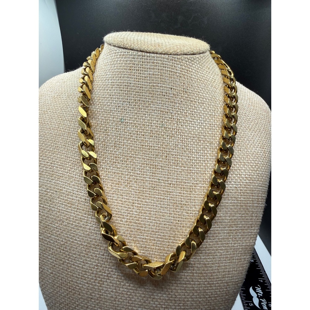 Gold Tone Chunky Curb Chain Necklace Statement Flat Link Adjustable 18-21 Inch